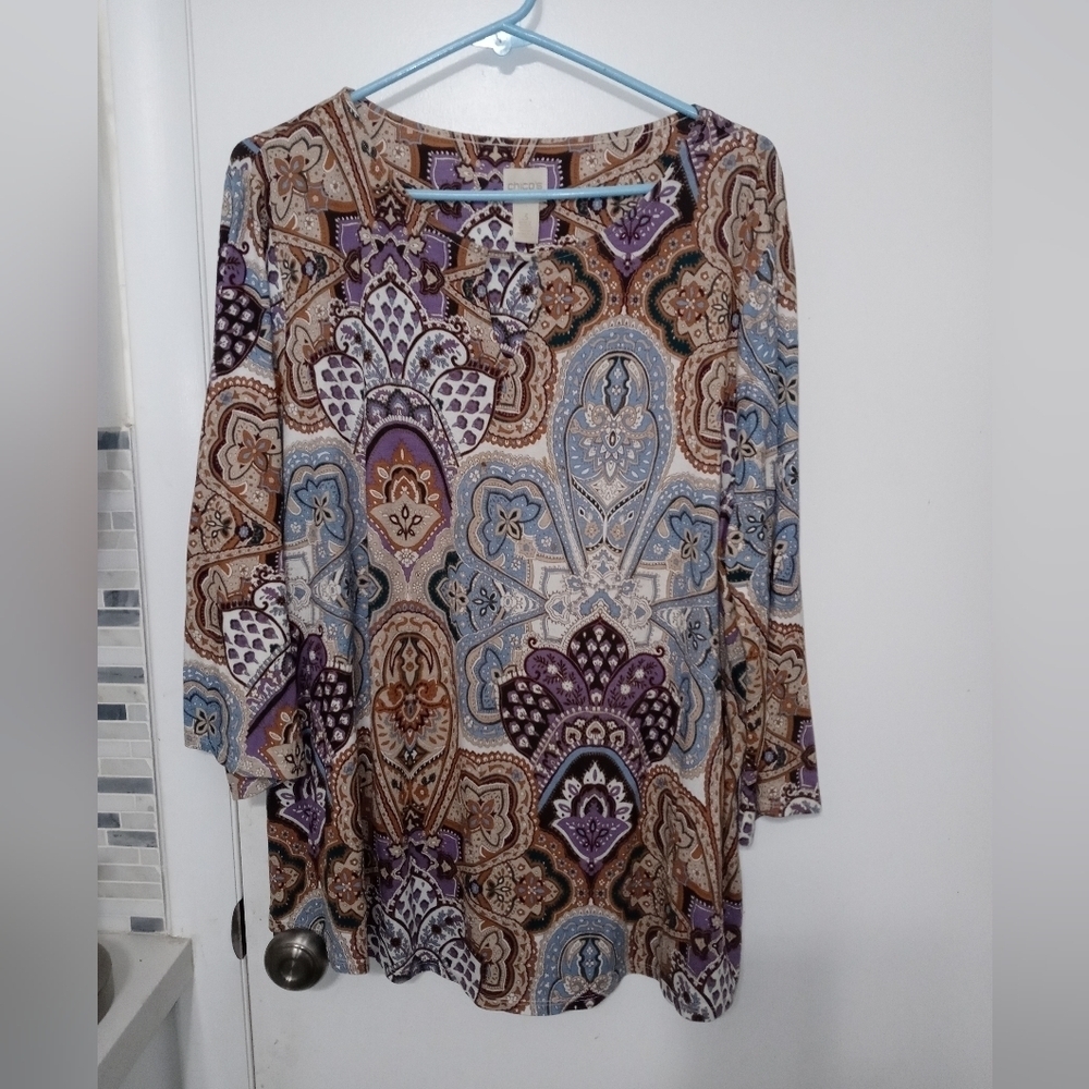 Chico's 3 Paisley Floral long sleeve Stretch pullover Blouse
